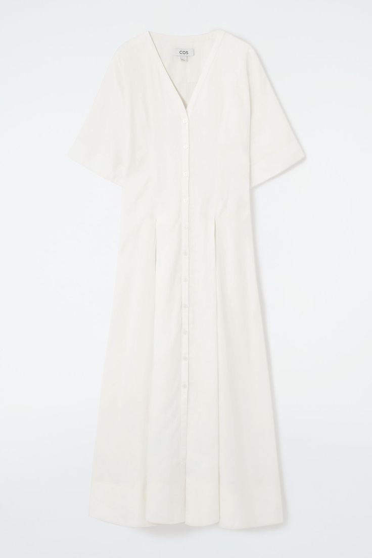 PLEATED A-LINE MIDI SHIRT DRESS - WHITE - Dresses - COS Yarn Spinning, High Waisted Briefs, Ankle Length Jeans, Drape Sleeves, Linen Midi Dress, Neck Piece, Midi Shirt Dress, White Shirt Dress, Midi Dress With Sleeves