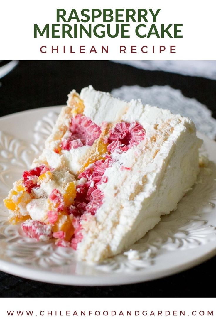 a piece of raspberry meringue cake on a white plate with the title overlay