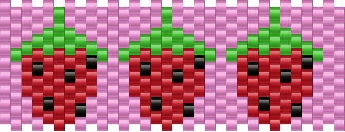 three pixelated strawberries with green tops and red berries on them, sitting side by side