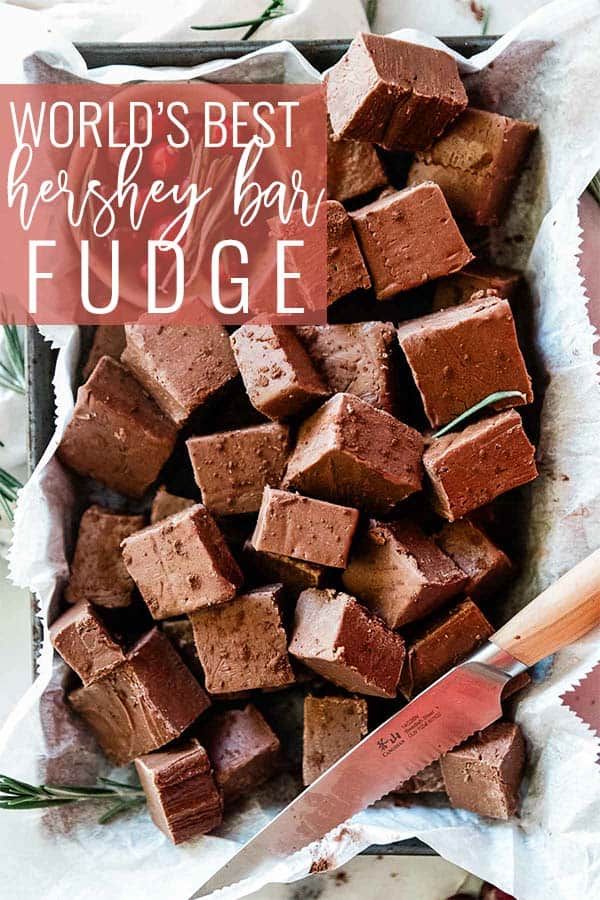 fudge brownies in a bowl with a knife on the side and text overlay that reads world's best festive bar fudge