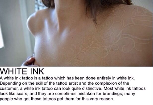 an image of a woman with tattoos on her chest and the caption white ink