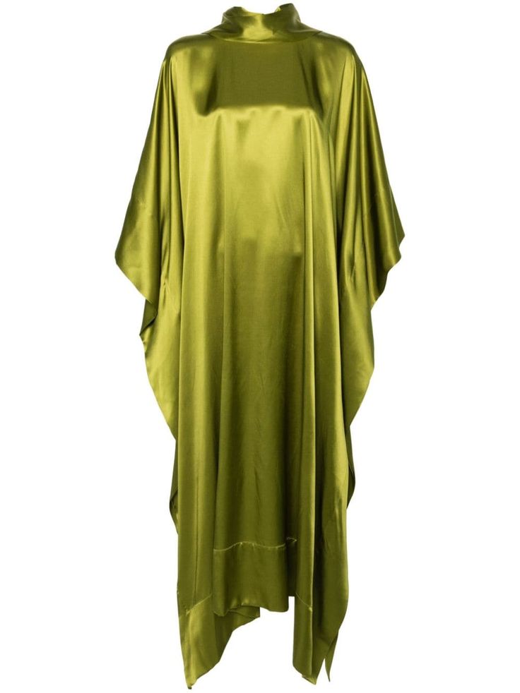 moss green silk satin finish scarf detailing high neck single rear button fastening keyhole detail to the rear three-quarter length draped sleeves kaftan silhouette straight hem long length Taller Marmo, Smart Closet, Dress Smart, Draped Sleeves, Drape Sleeves, Silk Tunic, Silk Maxi, City Dress, Dress Satin