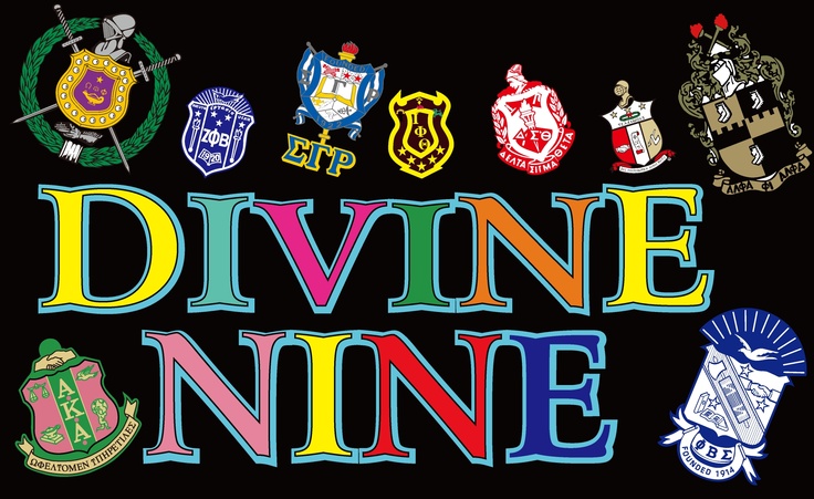 the word divine nine surrounded by many different badges and emblems on a black background