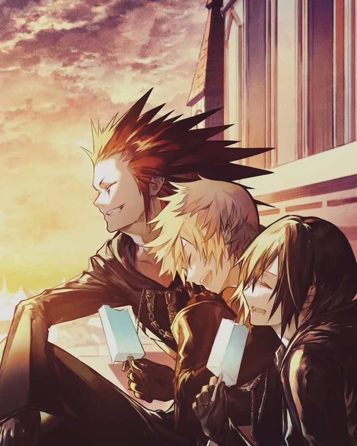 two anime characters sitting next to each other in front of a building with the sun setting behind them