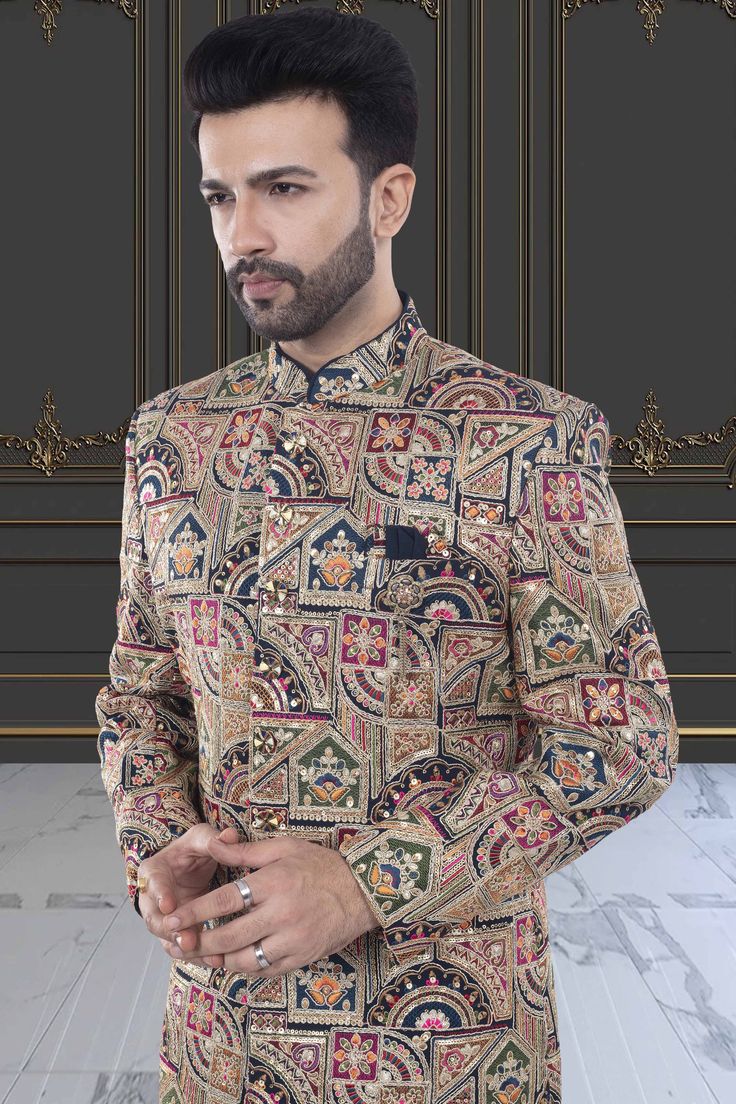 This multi-color sherwani for men is a versatile addition to any wardrobe. Crafted with precision, its unique design showcases expert tailoring and a blend of vibrant colors, making it perfect for any occasion. Express your personal style with confidence and make a statement wherever you go. Designer Long Sleeve Sherwani For Festive Occasion, Designer Bandhgala With Zari Work And Long Sleeves, Designer Long Sleeve Bandhgala With Zari Work, Designer Long Sleeve Bandhgala For Diwali, Designer Nehru Jacket With Long Sleeves For Diwali, Designer Long Sleeve Nehru Jacket For Diwali, Designer Nehru Jacket With Resham Embroidery, Designer Long Sleeve Sherwani For Festivals, Designer Unstitched Bandhgala For Designer Wear