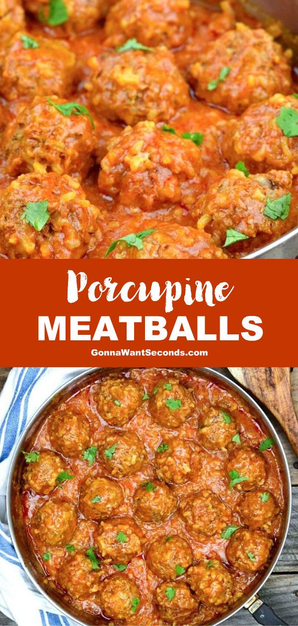 meatballs in tomato sauce with parsley on top and the words pocapine meatballs above it