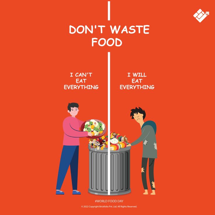 two people standing next to a trash can with the words don't waste food