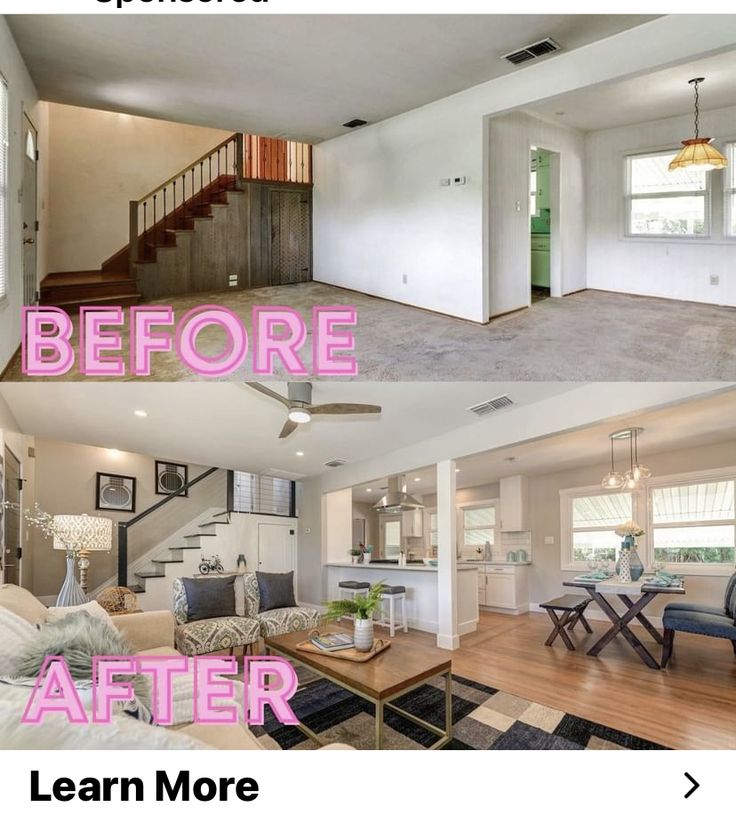 before and after photos of a living room