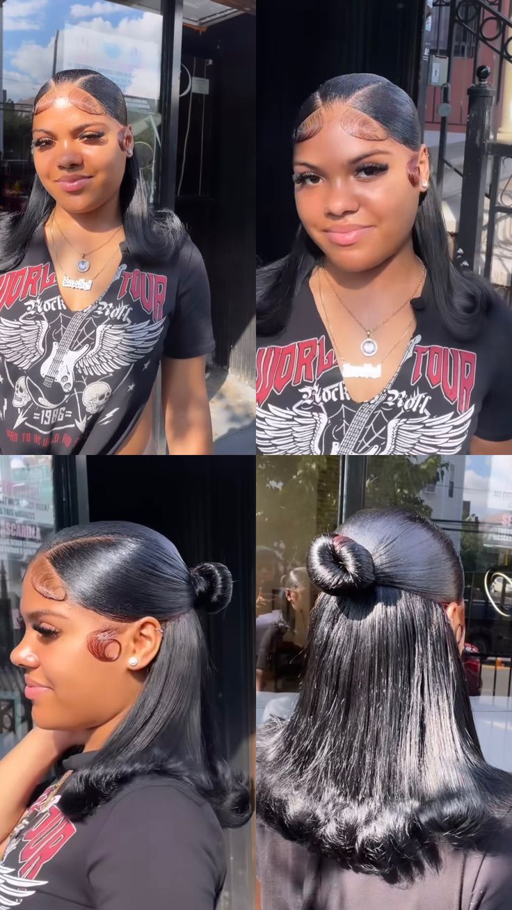 Half Up Down Hairstyles For Black Women, Short Curly Quick Weave Styles Black Women, Half Up Half Down Hair Black Women Color, 12 Inch Quick Weave Hairstyles, Half Up Half Down Curly Bob, Wash And Set Hairstyles, How To Style Your Wig, Short Ponytail With Bangs, Half Up Half Down Flipped Ends