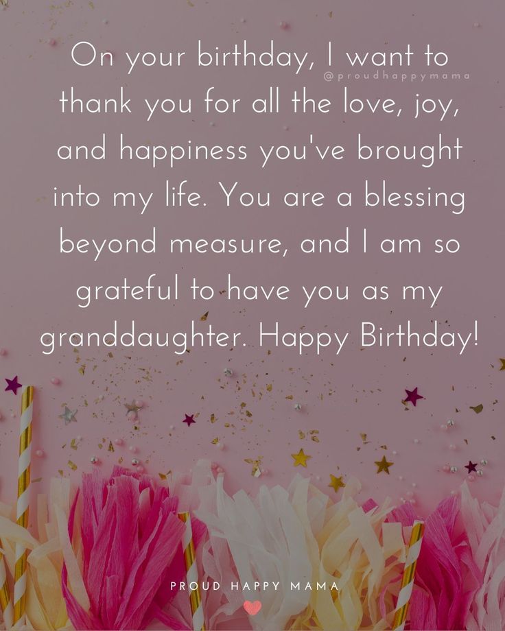 birthday card for granddaughter with flowers and sparkles on pink background, text reads'on your birthday, i want to thank you for all the love joy, joy, and happiness