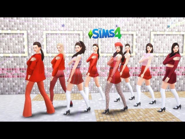 the girls are wearing red dresses and high heels in front of a wall with pink tiles