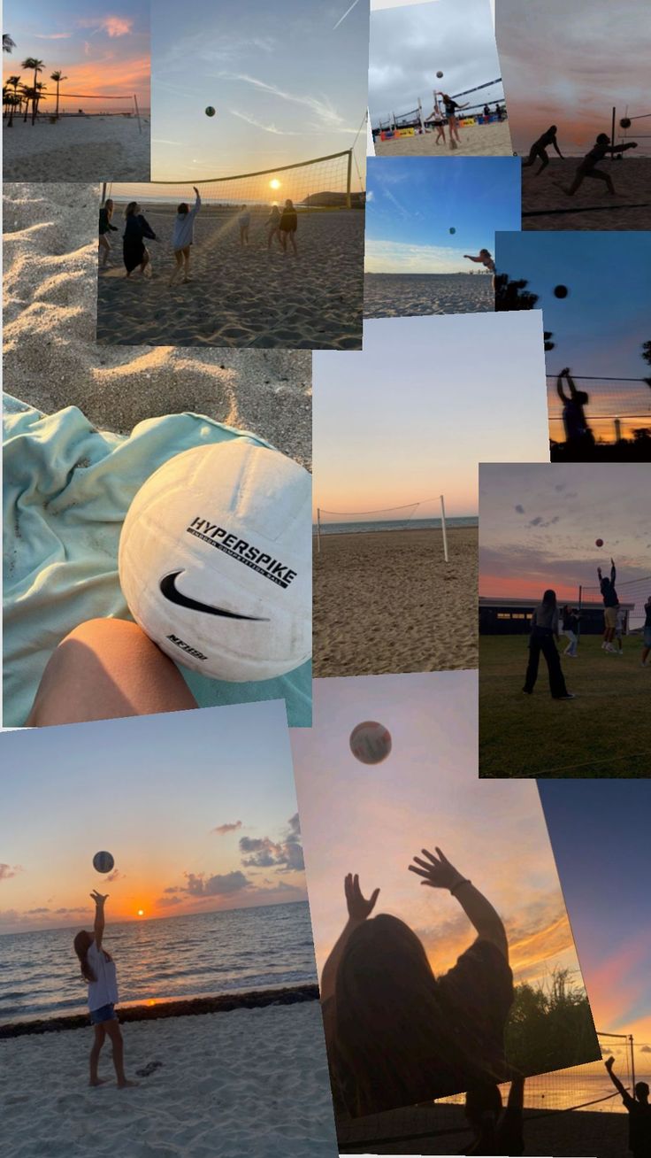 a collage of people playing volleyball on the beach at sunset or sunrise, with one person throwing a ball in the air