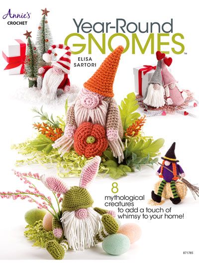 an advertisement for the year round gnomes, featuring crocheted toys and decorations