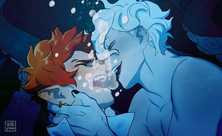 an animated image of two people kissing under the water's surface, with bubbles coming out of their mouths