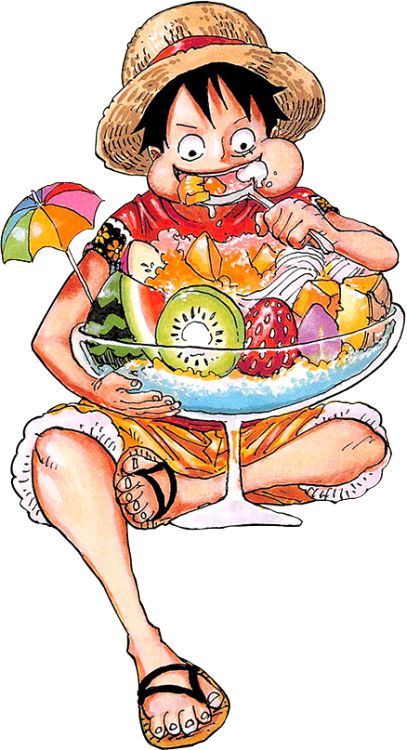 an image of a cartoon character eating fruit on a plate with umbrellas and sandals