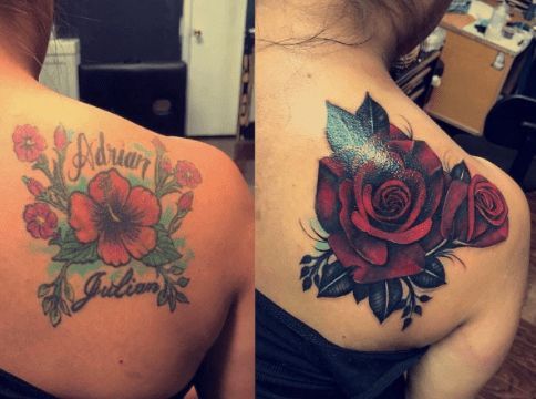 two different images of the same woman's back and shoulder with tattoos on them