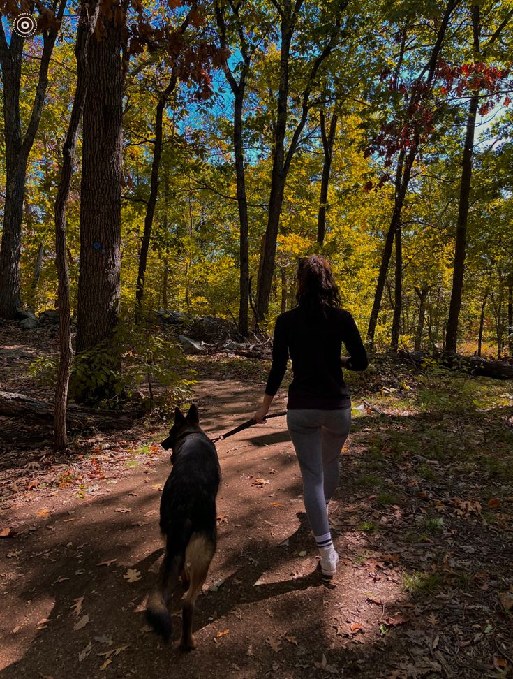 a woman walking her dog in the woods