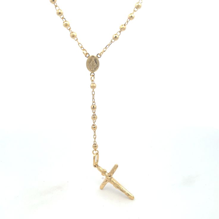 Diamond Cut 3MM Rosary Necklace 17'' - SHOPKURY.COM Elegant Yellow Gold Rosary With Crucifix, Yellow Gold Cross Rosary As Gift, Rosary Necklace, Diamond Cut, Rosary, Lobster Clasp, Diamond Cuts, Yellow Gold, Beads