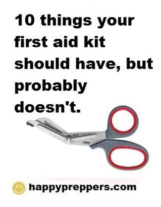 a pair of scissors sitting next to each other on top of a white sign that reads, 10 things your first aid kit should have, but probably probably doesn't