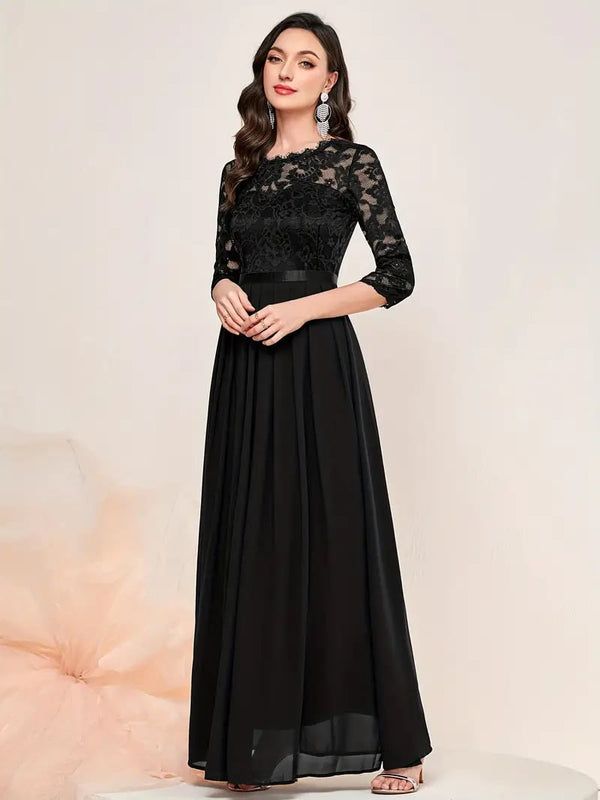 Elegant Contrast Lace Pleated Dress – ffmetro Floor-length Evening Dress With Lace Back For Prom, Floor-length Lace Dress For Bridesmaid, Lace Bridesmaid Dress For Prom Season, Bridesmaid Maxi Dress With Lace Patchwork, Maxi Length Bridesmaid Dress With Lace Patchwork, Wedding Maxi Dress With Illusion Neckline, Wedding Floor-length Maxi Dress With Illusion Neckline, Bridesmaid Maxi Dress With Lace Sleeves, Lace Maxi Dress For Bridesmaids