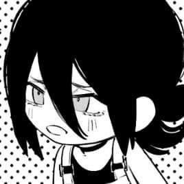 an anime character with black hair and white polka dots on the background, looking at something