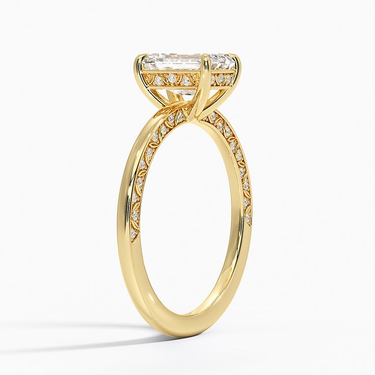 Lab Grown Liliana Diamond Engagement Ring - 18K Yellow Gold. A row of shimmering diamonds rest within unique, floral engravings along the inner edge of this design. Sleek claw prongs complete this solitaire-with-a-twist look (1/8 total carat weight). Unique Engagement Ring Settings, Claw Prong, Yellow Gold Setting, Brilliant Earth, Gold Diamond Rings, Engagement Ring Settings, Unique Engagement Rings, Conflict Free Diamonds, Lab Diamonds