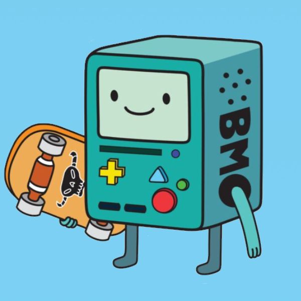 a cartoon character holding a skateboard with the word bmo on it's side