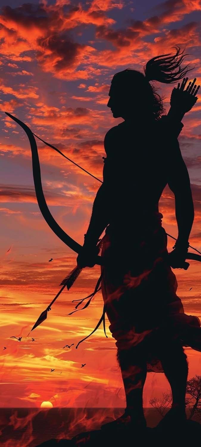 the silhouette of a person holding a bow and arrow in front of a colorful sky