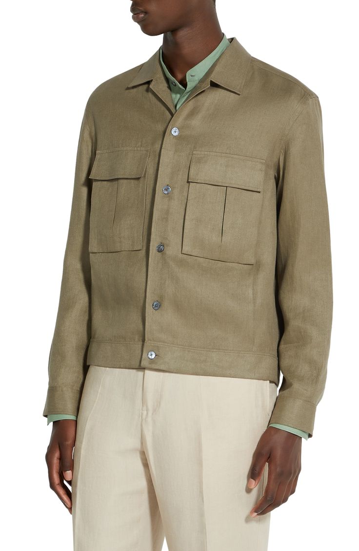 This all-linen overshirt can easily be called on for lightweight-jacket duty thanks to its twill fabrication, while roomy patch pockets add utility. Front button closure Spread collar Long sleeves with button cuffs Chest flap-patch pockets; side-seam pockets 100% linen Dry clean or machine wash, line dry Made in Italy Designer Clothing Khaki Relaxed Fit Utility Jacket With Patch Pockets, Khaki Shacket With Buttoned Pockets And Relaxed Fit, Khaki Utility Jacket With Pockets And Relaxed Fit, Spring Unstructured Utility Jacket With Flap Pockets, Relaxed Fit Utility Shacket With Welt Pockets, Utility Shacket With Welt Pockets And Relaxed Fit, Khaki Utility Jacket With Lapel Collar In Relaxed Fit, Khaki Utility Jacket With Lapel Collar And Relaxed Fit, Utility Shacket With Relaxed Fit And Welt Pockets