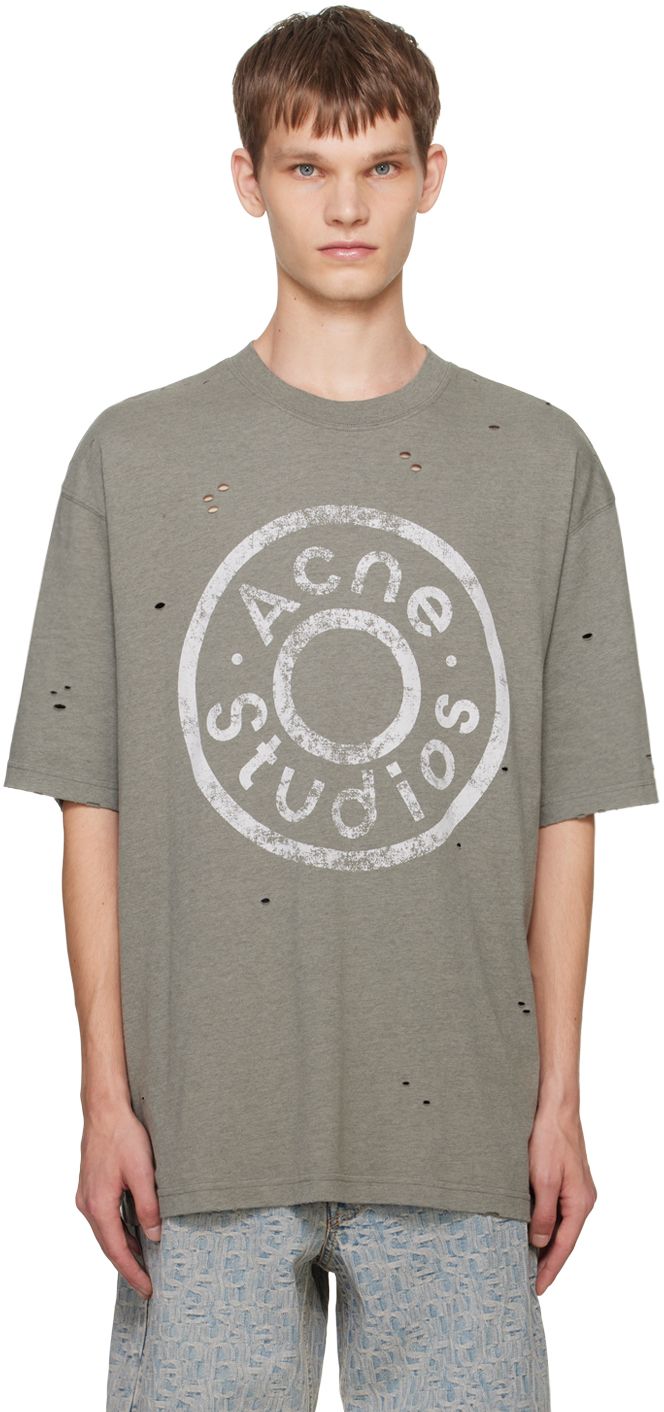 Relaxed-fit garment-dyed cotton-blend jersey T-shirt. Distressing throughout. · Rib knit crewneck · Logo printed at front Supplier color: Moss Green Distressed Cotton Crew Neck T-shirt, Acne Men, Acne Studios Men, Knit Crewneck, Grey Khakis, Moss Green, Print Logo, Jersey T Shirt, Luxury Streetwear