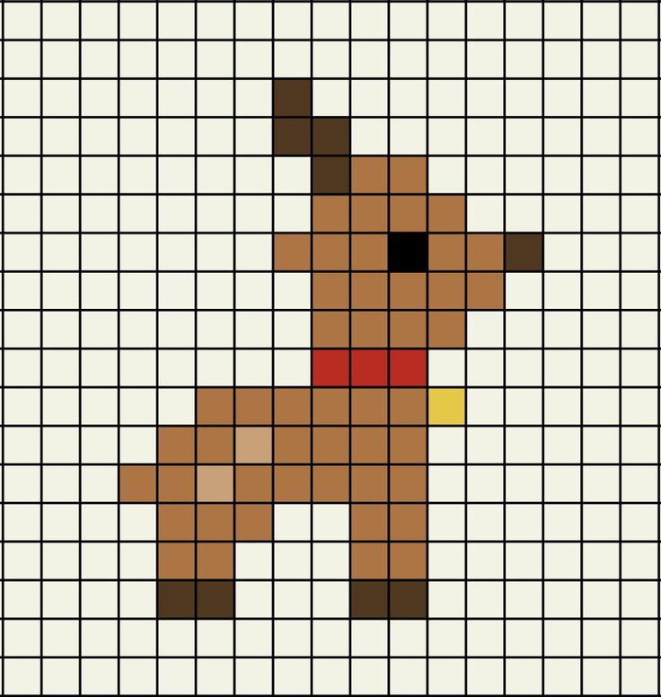 A pixel art template of a reindeer, wearing a red collar with a bell attached (Christmas). Pixel Art Noel, Graph Paper Drawings, Tiny Cross Stitch, Easy Pixel Art, Pixel Drawing, Pix Art, Pixel Art Grid, Graph Paper Art, Pixel Art Design