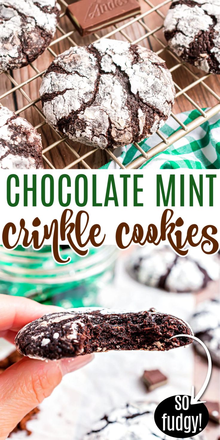 chocolate mint crinkle cookies on a cooling rack with text overlay that reads, chocolate mint crinkle cookies