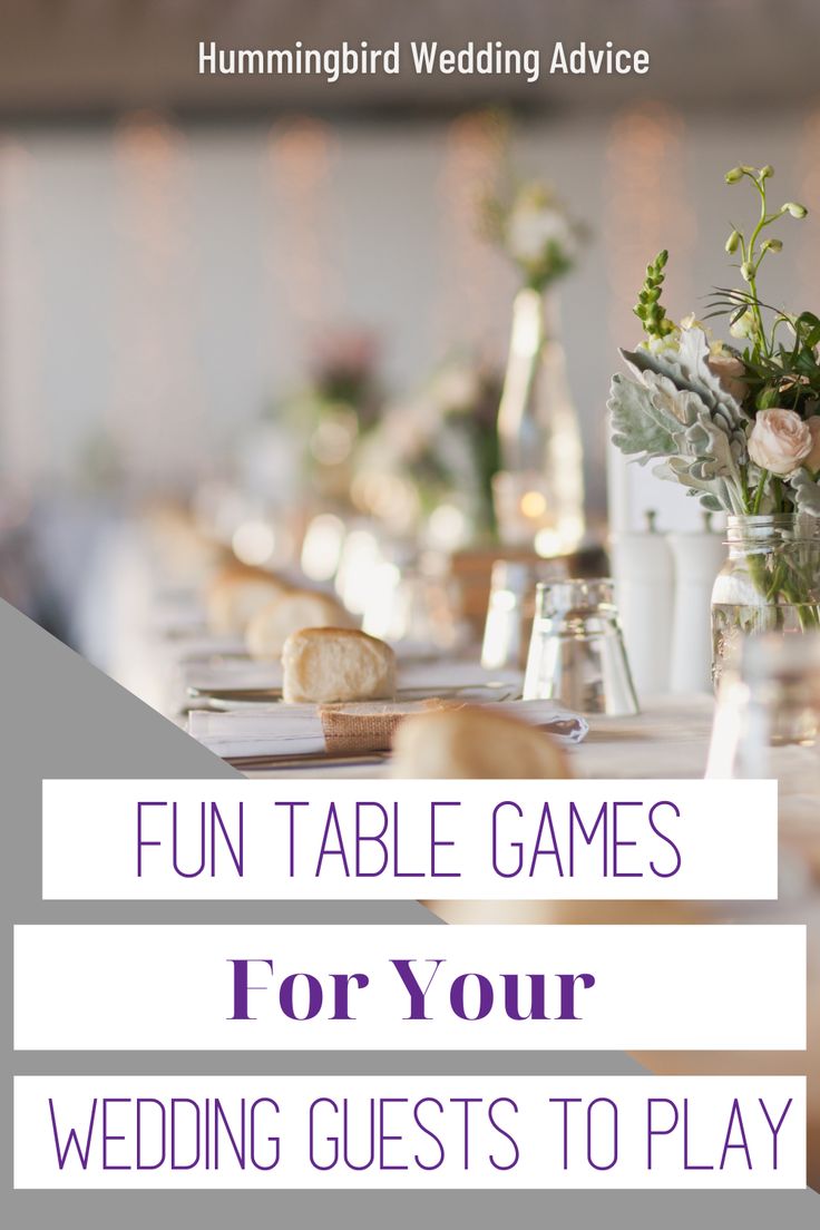 a table with vases filled with flowers and bread on it, the words fun table games for your wedding guests to play