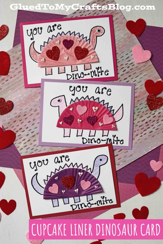 three valentine's day cards with hearts on them and the words cupcake liner dinosaur card