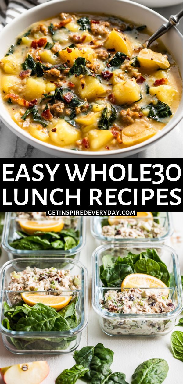 easy whole 30 lunch recipe with spinach, apples and other vegetables in glass containers