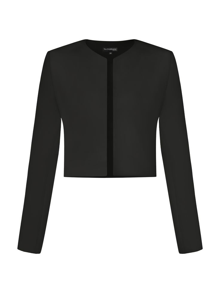 The perfect blend of classic and contemporary, this cropped blazer offers a chic and versatile silhouette. It is a must-have for any formal event with its refined look that is sure to turn heads.  Made from a lustrous satin fabric and fully lined for an effortless glide, it ensures a polished finish with structured shoulders and long sleeves.  Add a confident flair with this statement blazer that effortlessly elevates any ensemble with its sleek design. Create a lasting impression by styling it Classic Black Cropped Blazer, Structured Cropped Jacket For Business, Structured Cropped Business Jacket, Black Cropped Blazer For Party, Classic Cropped Formal Outerwear, Structured Tailored Cropped Jacket, Classic Cropped Jacket For Evening, Black Cropped Evening Blazer, Classic Black Cropped Jacket For Formal Occasions