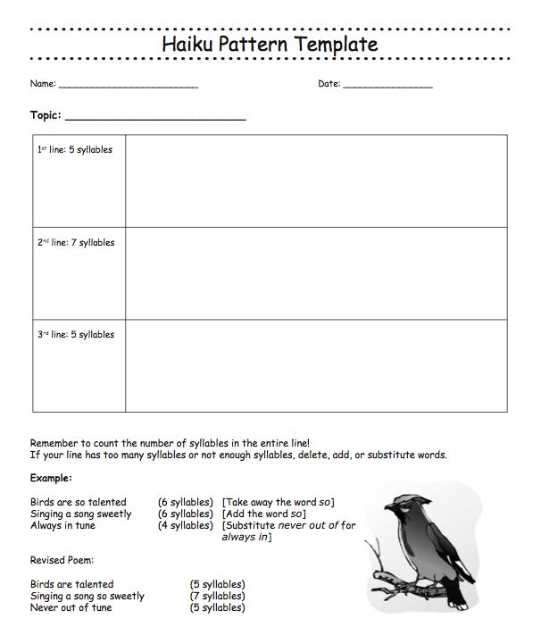 a worksheet with the words haiki pattern template and a bird on it