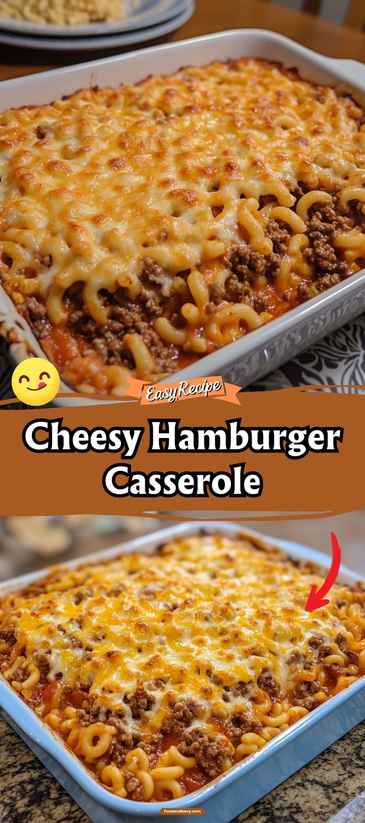 cheesy hamburger casserole with cheese and ground beef in a baking dish