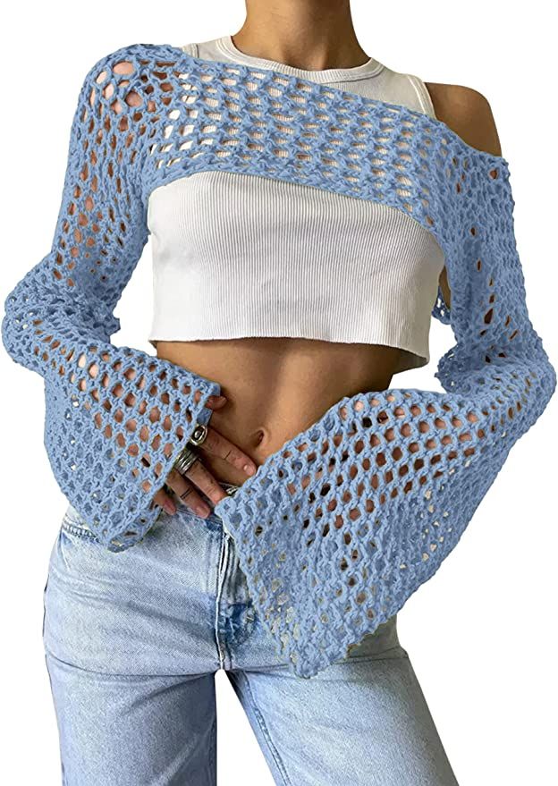 PICPUNMAK Women Grunge Crochet Knit See Through Crop Tops Cover Up Shrug Long Sleeve Crew Neck Casual Cropped Smock Top Hollow Sweater, Cutout Sweater, Cropped Pullover, Long Sleeve Knitted Cardigan, Estilo Chic, Sweater Collection, Summer Knitting, Knit Crop Top, Knit Crop