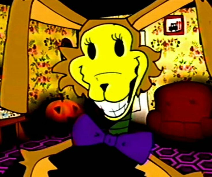 a cartoon character wearing a purple bow tie and looking at the camera with an evil smile on his face