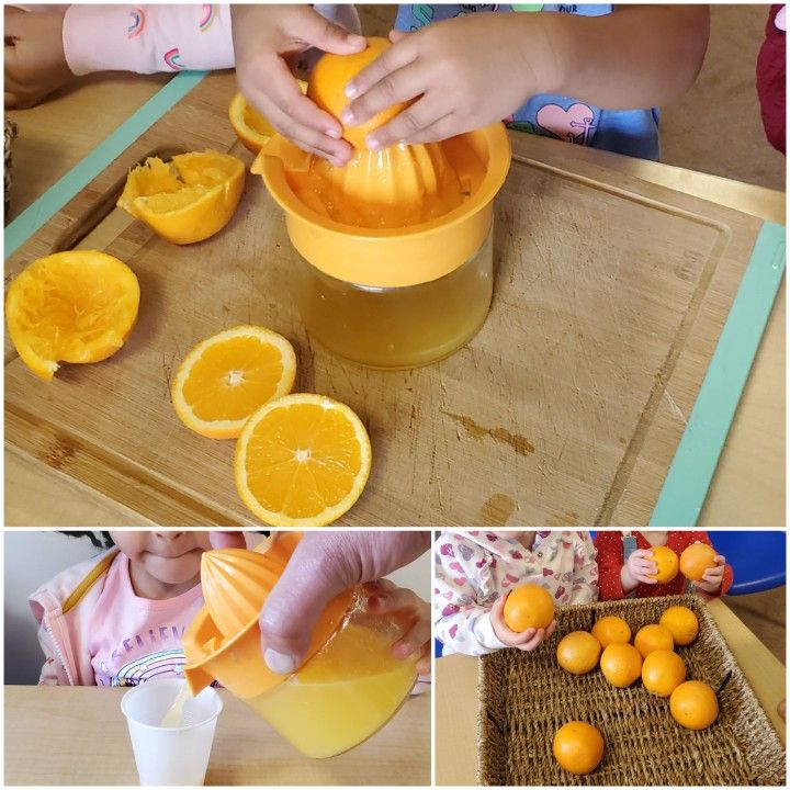 oranges are being squeezed into a juicer and then cut in half to make an orange smoothie