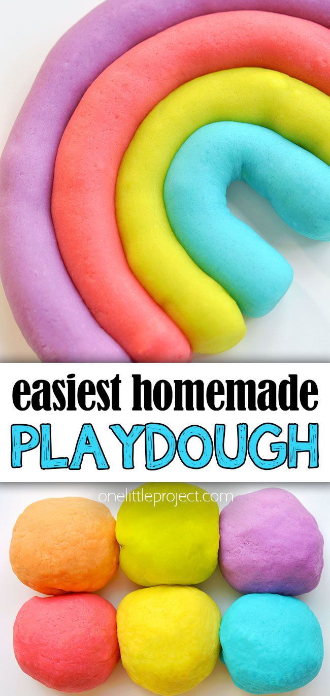 playdoughs made with rainbow colored dough and the words, easy homemade playdough