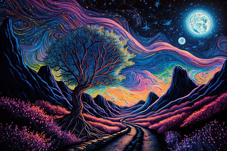 a painting of a road with trees and mountains in the background under a full moon