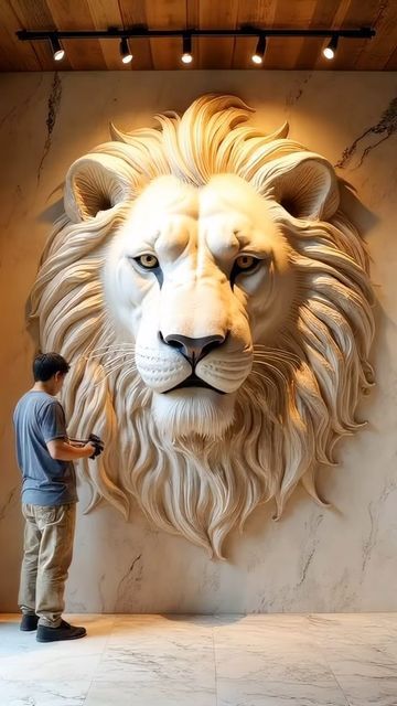 a man standing in front of a lion head on a wall next to a marble floor