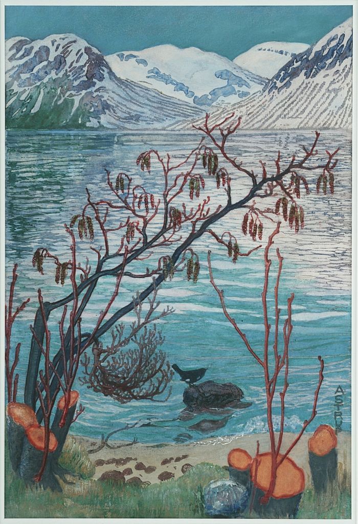 an image of a painting with water and mountains in the backgrounnds