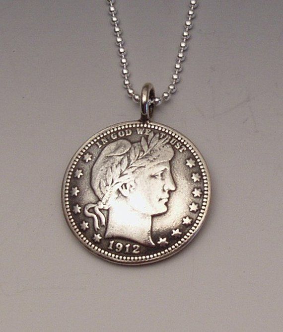 Silver Barber US Quarter Coin Pendant Antique Sterling Silver Coin Necklace With Round Pendant, Handmade Sterling Silver Coin Necklace, Silver Coin-shaped Sterling Silver Jewelry, Sterling Silver Coin Shaped Jewelry, Silver Coin Shaped Sterling Silver Jewelry, Vintage Silver Coin Necklace For Jewelry Making, Sterling Silver Coin Jewelry In Silver, Classic Sterling Silver Stamped Jewelry, Silver Etched Coin Necklace