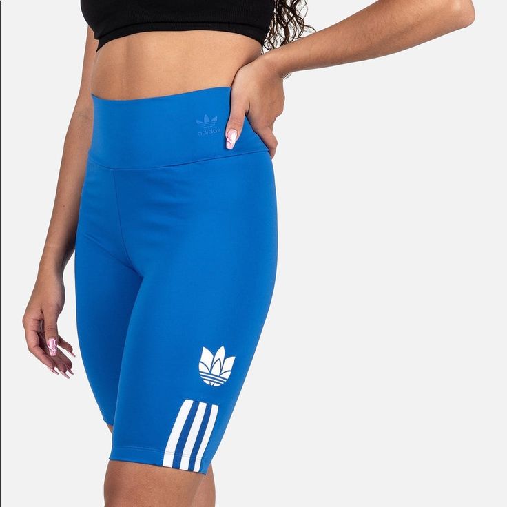 Nwt Adidas Women’s Blue/White Biker Short Size Xs Blue Activewear With Three Stripes For Streetwear, Spring Sports Shorts With Three Stripes Branding, Blue Spring Activewear Shorts, Blue Athleisure Activewear With Three Stripes Branding, Blue Athleisure Activewear With Three Stripes, White Spring Activewear With Three Stripes Branding, White Activewear For Spring, Adidas Blue Three Stripes Activewear, Adidas Blue Activewear With Three Stripes