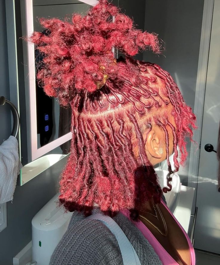 Burgundy Dreadlocks Black Women, Strawberry Shortcake Locs, Red And Ginger Locs, Red Locs Hairstyles, Micro Locs With Curly Ends, Red Starter Locs, Maroon Locs, Cherry Red Locs, Red And Black Locs