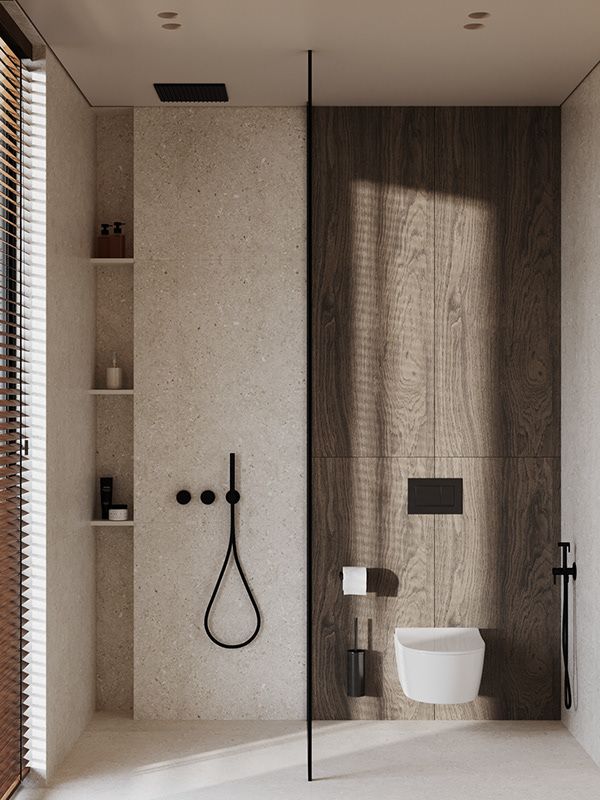 the bathroom is clean and ready for us to use in its new home, which has been designed with natural materials such as wood