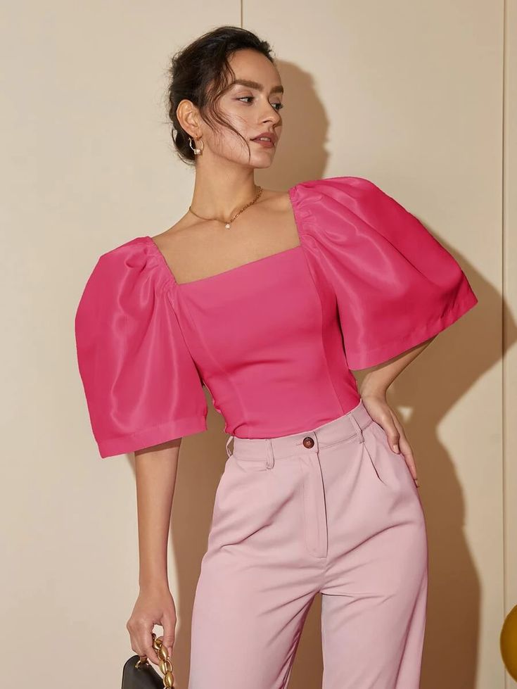 Square Neck Puff Sleeve Blouse | SHEIN USA Puffed Sleeves Top, Puffed Sleeves Blouse, Silk Blouse Outfit, Puffed Sleeve Top, Puff Sleeves Top, Chique Outfit, Flirty Outfits, Trendy Activewear, Womens Lace Tops